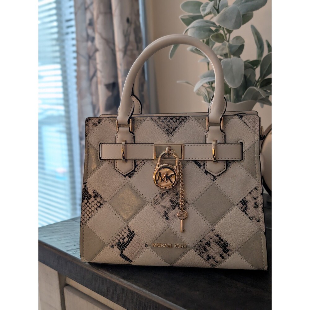 MICHAEL KORS HAMILTON SMALL SATCHEL KEY LOCK PATCHWORK NATURAL SNAKE PRINT Cream